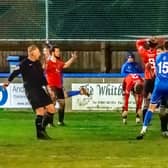 Whitby Town celebrate their last-gasp leveller scored by Daniel Rowe against NPL Premier Division high-flyers Hyde United PHOTOS BY BRIAN MURFIELD
