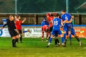 Whitby Town celebrate their last-gasp leveller scored by Daniel Rowe against NPL Premier Division high-flyers Hyde United PHOTOS BY BRIAN MURFIELD