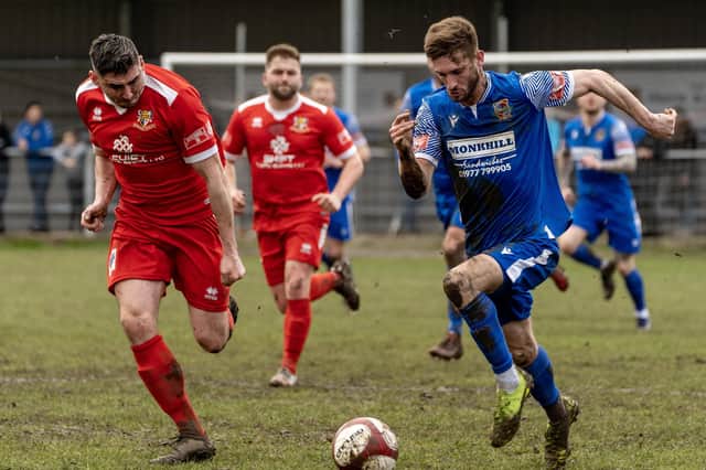 Brid defender James Williamson in action in the 1-1 draw at Pontefract Collieries. PHOTO BY SCOTT MERRYLEES
