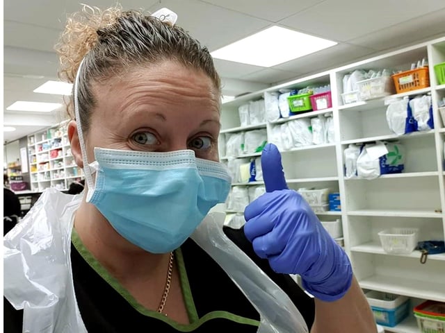 During the outbreak Donna Davies has given valuable advice, putting herself at risk, while doctors' practices are closed. Her sister-in-law, Jane, praised her 'extraordinary' hard work and that of the pharmacy's employees.