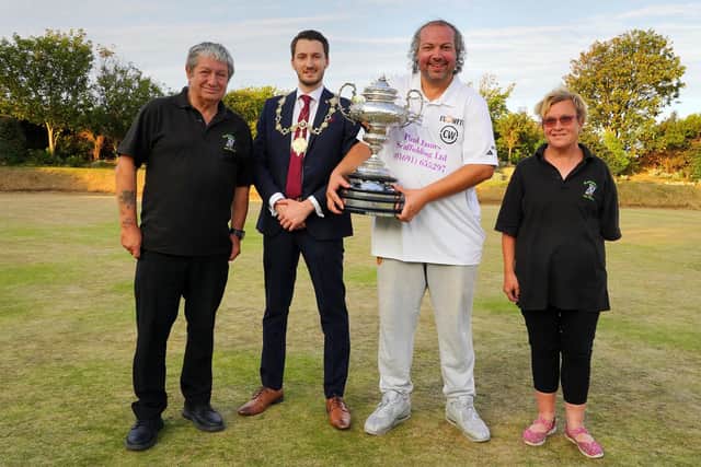 From left, at this year's Gambart Baines Challenge Cup, event sponsor Ashley Brunton-Douglas, Mayor Cllr Thomas Murray, cup winner Callum Wraight and sponsor Susie Brunton-Douglas.
