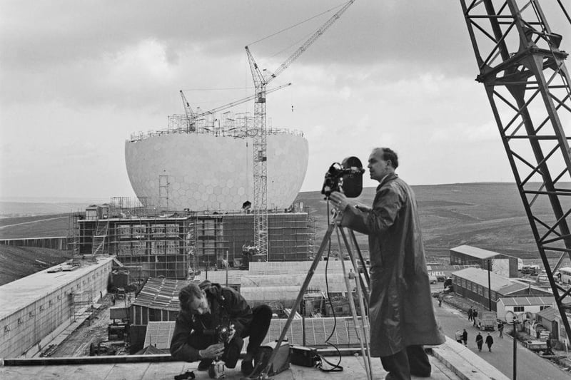 A geodesic dome (radome) under construction at RAF Fylingdales in North Yorkshire as part of the United States Air Force's Ballistic Missile Early Warning System (BMEWS), on October 4, 1962.