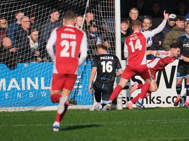 Scarborough Athletic forward Dom Tear celebrates putting the hosts one goal ahead early on against Chester.