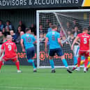 Visitors Farsley Celtic put the ball in the net at Scarborough Athletic but the first-half effort was disallowed for offside. PHOTOS BY RIVAHRD PONTER