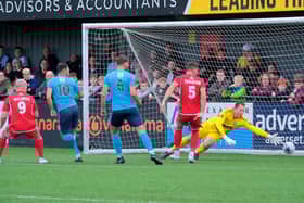 Visitors Farsley Celtic put the ball in the net at Scarborough Athletic but the first-half effort was disallowed for offside. PHOTOS BY RIVAHRD PONTER