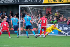 Visitors Farsley Celtic put the ball in the net at Scarborough Athletic but the first-half effort was disallowed for offside. PHOTOS BY RIVAHRD PONTER