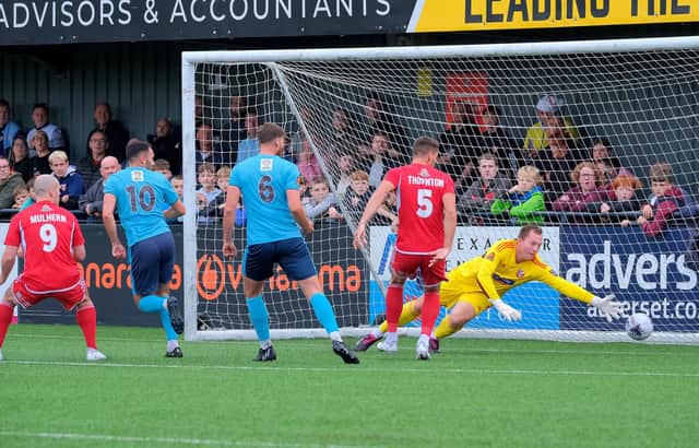 Visitors Farsley Celtic put the ball in the net at Scarborough Athletic but the first-half effort was disallowed for offside. PHOTOS BY RIVAHRD PONTER