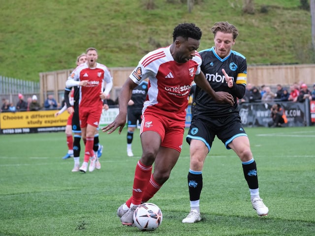 Scarborough Athletic wing-back Kieran Weledji in action during the 3-1 home FA Cup win against Chester.