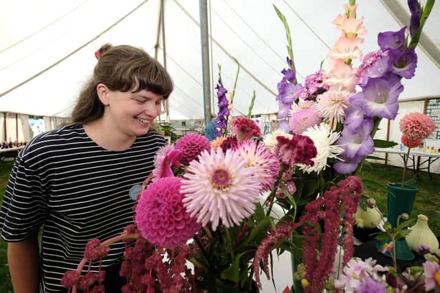 Steward Holly Smith viewing flowers at Danby Show. photo: Richard Ponter