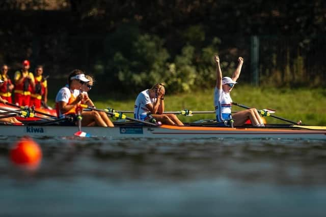 Georgie Brayshaw, right, celebrates the gold medal win at the World Rowing Championships.