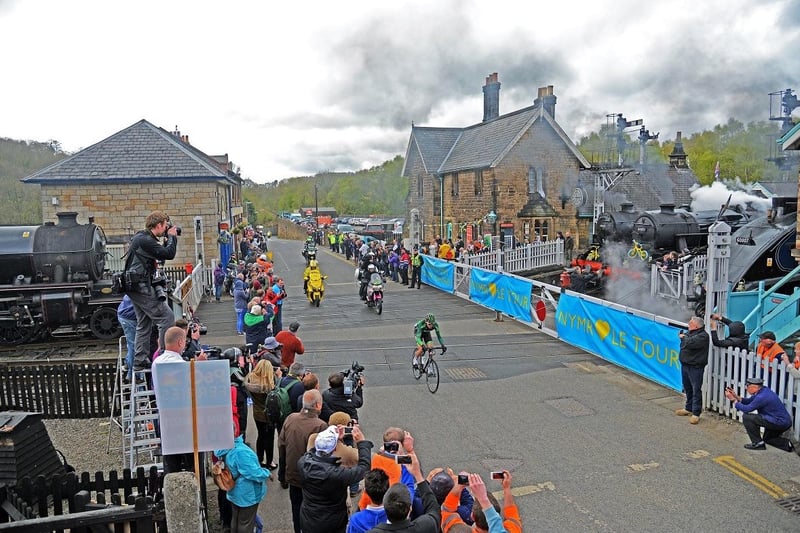 Perrig Quemeneur led the Tour de Yorkshire over the level crossing at Grosmont on May 1, 2015.