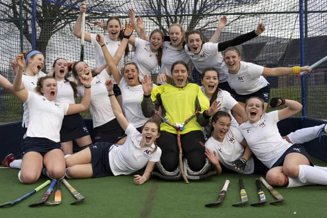 Scarborough College's Under-18s Girls hockey 1st XI celebrate their semi final win over Felsted School in the National Schools Cup. PHOTO BY ADY KERRY PHOTOGRAPHY