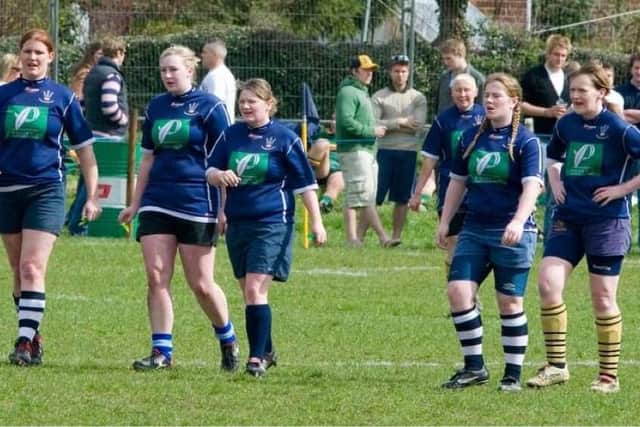 The Pock Good Friday 7s women's tournament trophy is dedicated to former Pocklington player Amy Hardy (second from right)