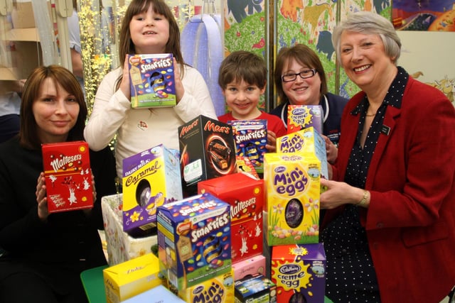 In 2010 Lancaster and Thorpe, pesented Easter Eggs to Children's Ward. L-R, Helen Ferguson (Lancaster and Thorpe), Megan Buxton, Alfie Maltby, Sister Rachel Tuckwood, Sue Black