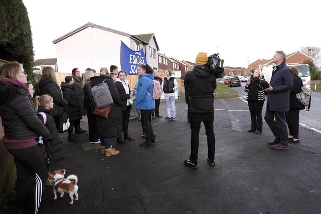 Campaigners protesting against proposed closure of Eskdale School in Whitby, attracting media attention.
picture: Richard Ponter