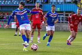 Stephen Walker, pictured scoring a penalty for Whitby Town against Ashton United, has signed for Scarborough Athletic. Photo by Brian Murfield