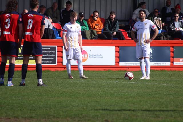Olly Green and Ahmed Salam, before taking a free-kick for Brid Town, at Redcar Athletic. Photo by ECmedia