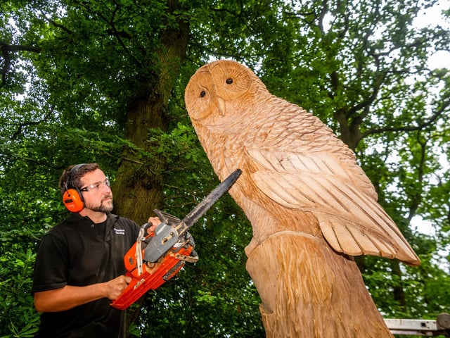 Karl Barker, of Malton, working on a 8ft Tawny Owl made from oak, in the woodland area of the show