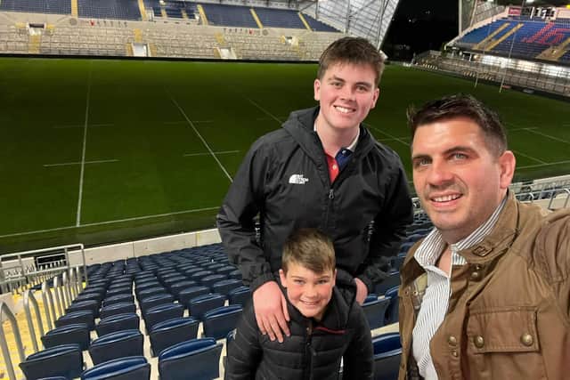 Tiernan, Caelan and dad Nick at Headingley to watch a Leeds Rhinos match