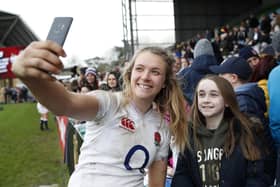 LONDON, ENGLAND - MARCH 07: Zoe Aldcroft of England interacts with fans after the Women's Six Nations match between England and Wales at Twickenham Stoop on March 07, 2020 in London, England. (Photo by Luke Walker/Getty Images for Harlequins FC)