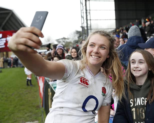 LONDON, ENGLAND - MARCH 07: Zoe Aldcroft of England interacts with fans after the Women's Six Nations match between England and Wales at Twickenham Stoop on March 07, 2020 in London, England. (Photo by Luke Walker/Getty Images for Harlequins FC)