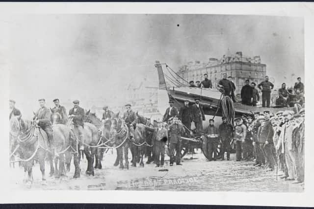Bridlington lifeboat station c.1913 - Horses were used to pull the lifeboat to the beach Image:RNLI