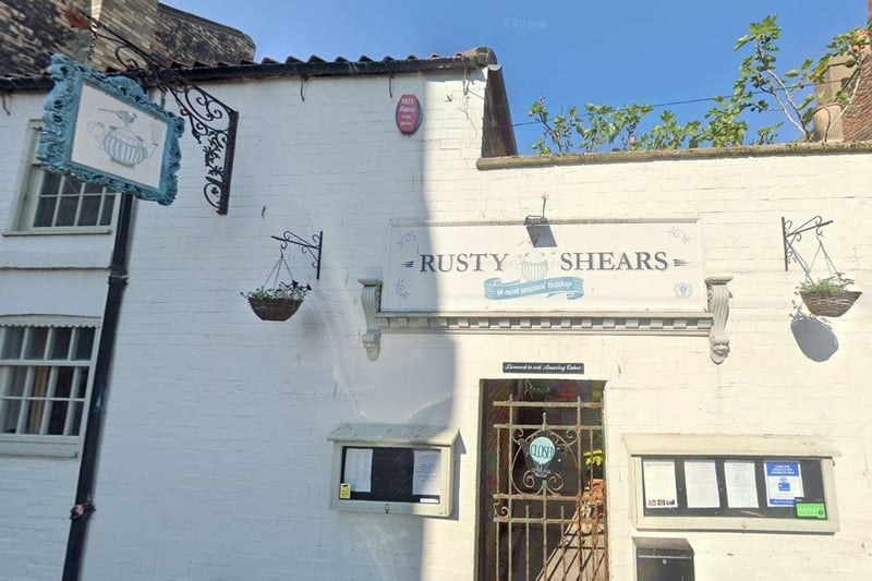 Rusty Shears is located on  Silver Street, Whitby. One Google review said: "We’ve been to a lot of tea rooms, and this is up there with the best of them. If I could give it 6 stars I would. Fantastic cakes, great coffee, nice staff and brilliant decor. We were just passing through Whitby and searching for tea rooms that are dog friendly, Google suggested Rusty Shears and we’re so glad it did! Lovely, lovely place."