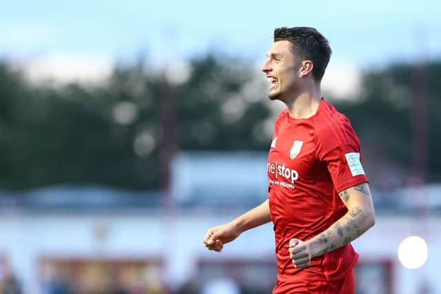 Defender Jake Hull celebrates firing Boro into a 2-0 lead after only three minutes at home to Buxton on Tuesday night. Photo by Zach Forster