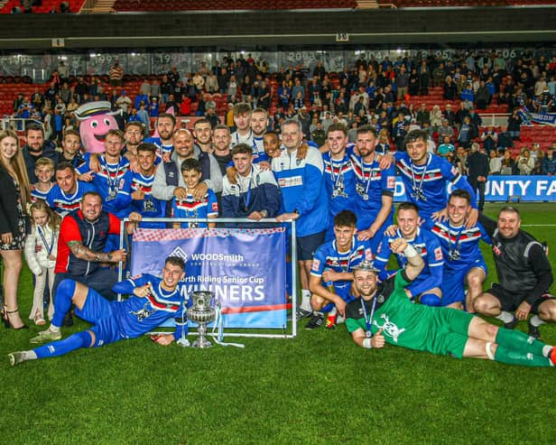 Whitby Town celebrate beating Boro Rangers 5-1 to win the North Riding FA Senior Cup final on Monday at Middlesbrough FC. PHOTO BY BRIAN MURFIELD