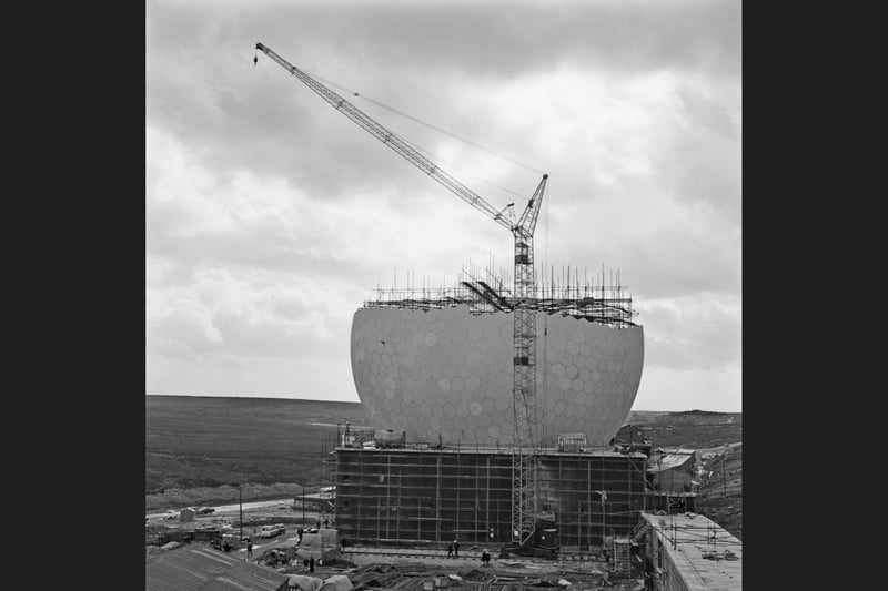 A geodesic dome (radome) under construction at RAF Fylingdales in North Yorkshire as part of the United States Air Force's Ballistic Missile Early Warning System (BMEWS), on October 4, 1962.
