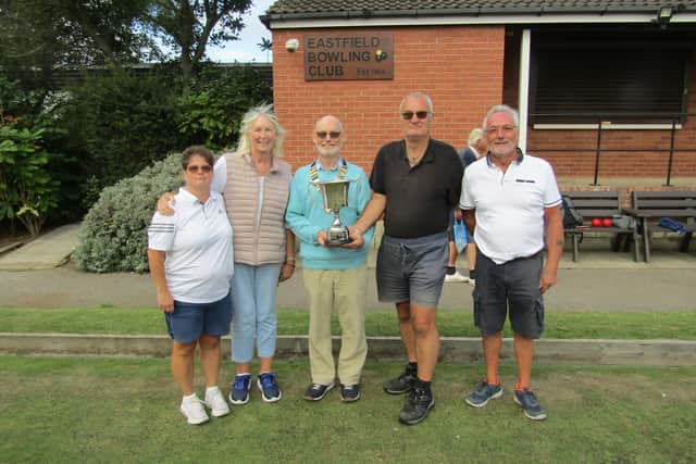From left, Lisa Watson, Nadine Smyth, Ed McCormack, Alan Lee and Tom Muckley at the Terry Summersgill Drawn Pairs, Smyth and Lee winning the final.