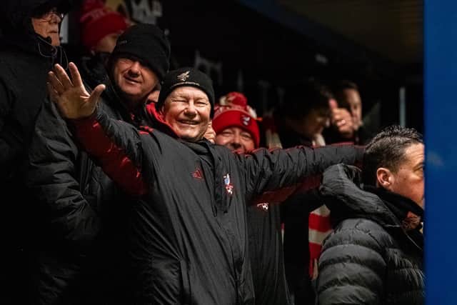 The travelling supporters celebrate during the outstanding 4-1 win for Boro at Radcliffe on Tuesday evening. Photo by Chris Marson