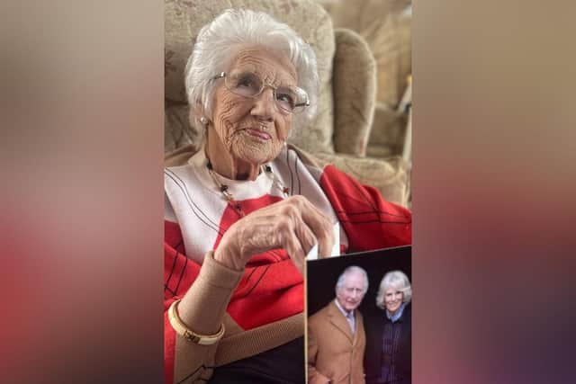 Glaisdale's Joyce Rhea celebrates turning 100, with her card from King Charles and Camilla.