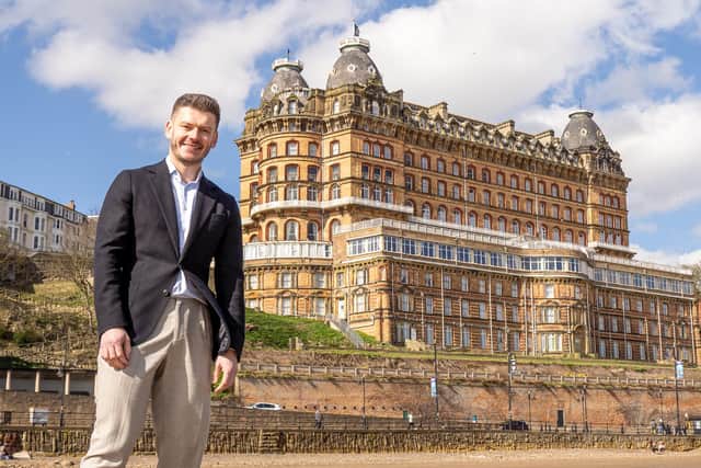 'Gull champion' - Coun Keane Duncan outside the Grand Hotel, Scarborough.
