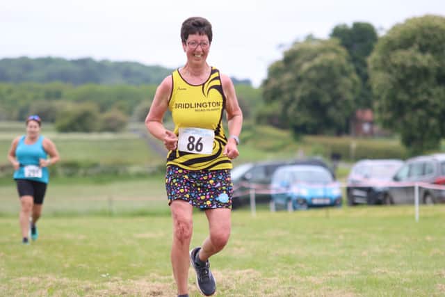 Lyn Gent in action for BRR at the Top of the Wolds race.