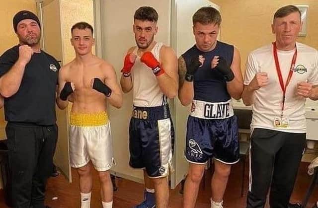 From left, Westway Boxing Club coach Ryan Ashworth, boxers Lucien Tranca, Cameron Stone,, and Kieran Glave along with coach George Rhodes Snr.