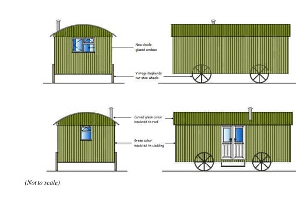 Proposed shepherd's huts at Orchard Lodge, Flixton.
