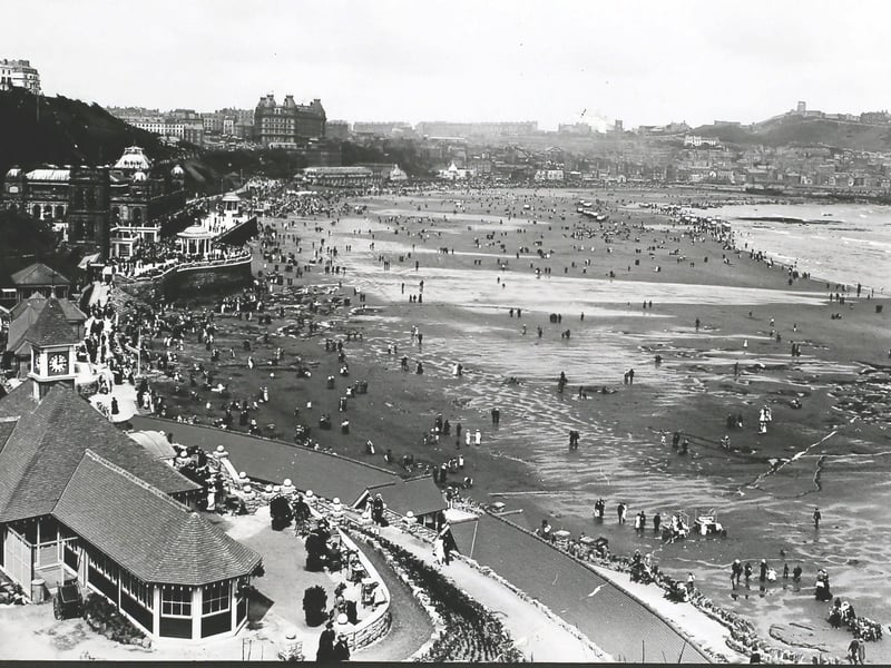 Circa 1913; The beach at Scarborough, looking towards the Spa from the bungalows. (Photo by Hulton Archive/Getty Images)