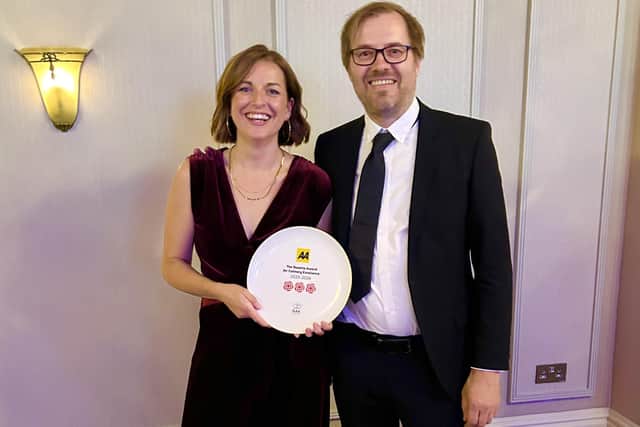 Cecily Fearnley and Peter Neville of the Homestead Kitchen, Goathland, with the 3 Rosettes at the AA Awards.