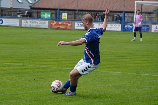 Sam Kay on the ball for Whitby Town in their 4-1 home loss to Alfreton on Monday. Photo by Owen Cox