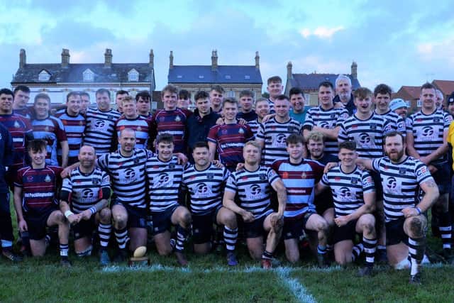 Pocklington RUFC and Old Pocklingtonians players line up after their annual Boxing Day game. Picture Andy Nelson.