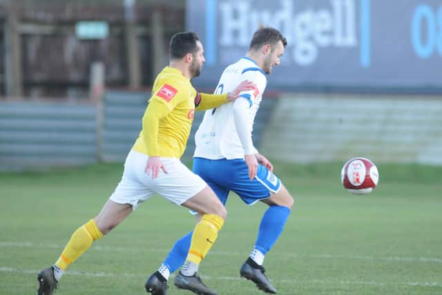Lewis Dennison on the charge for Bridlington Town against Tadcaster PHOTOS BY DOM TAYLOR
