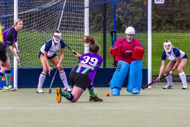 Sarah Thompson opens the scoring for hosts Danby in the 4-2 win against Newcastle Uni 7s. Photo by Brian Murfield