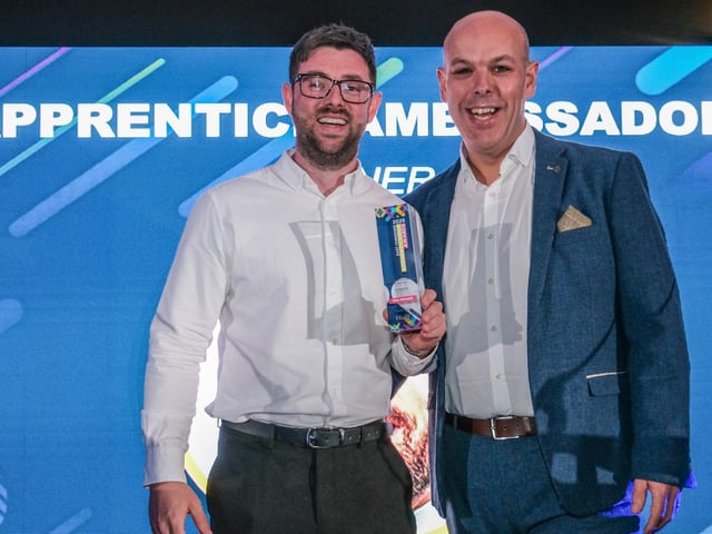 Apprentice Ambassador Award winner Dan Howard, of Lifetime Training. Andy Kibbler accepted the award on Dan’s behalf, presented by Chris Blackburn, director of skills growth at Impellam Group