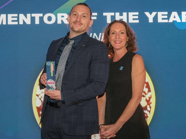 Mentor of the Year Award winner James Leggat, of BAE Systems, presented with his award by Nicky Hill, head of Active Together