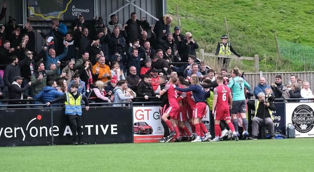 Boro will be hoping to celebrate more goals with their fans in the National League North  home opener against Banbury United this weekend. PHOTO BY RICHARD PONTER