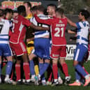 Boro and Oxford players clash after Athletic defender Will Thornton, left, on the floor, appeared to be elbowed in the cup clash. PHOTOS BY RICHARD PONTER
