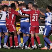 Boro and Oxford players clash after Athletic defender Will Thornton, left, on the floor, appeared to be elbowed in the cup clash. PHOTOS BY RICHARD PONTER
