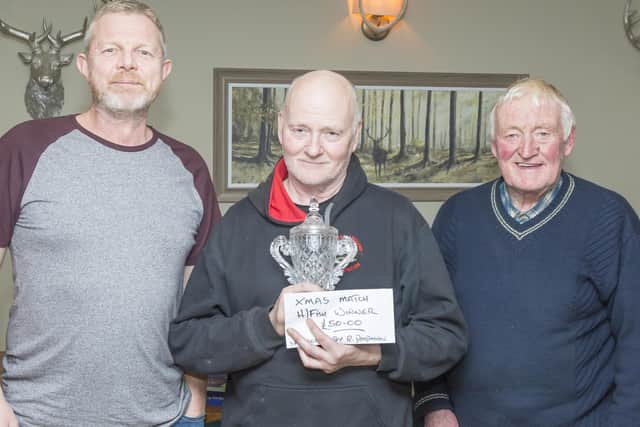 Rich Deadman, Brian Harland and Chairman William Atkinson. Harland won the Michael Deadman Memorial Trophy for a fine spragg of 7lb 6oz.