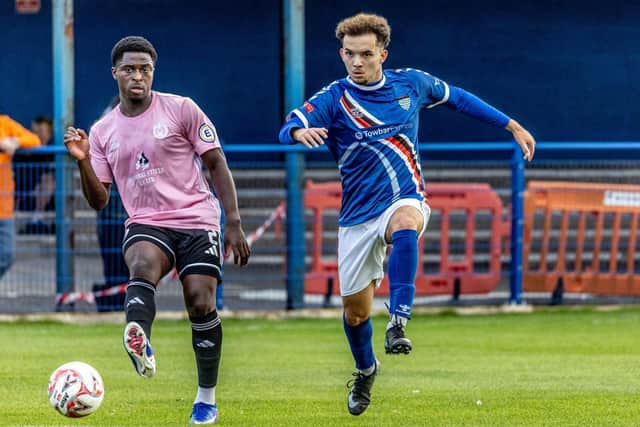 Daniel James, on loan  from Middlesbrough, pushes on for Whitby against Curzon Ashton. Photo by Brian Murfield